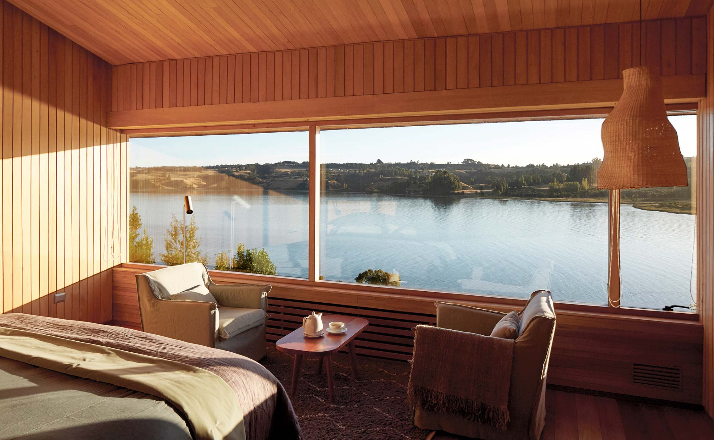 Views of the inland sea and Pullao wetlands at a luxury hotel in Chile